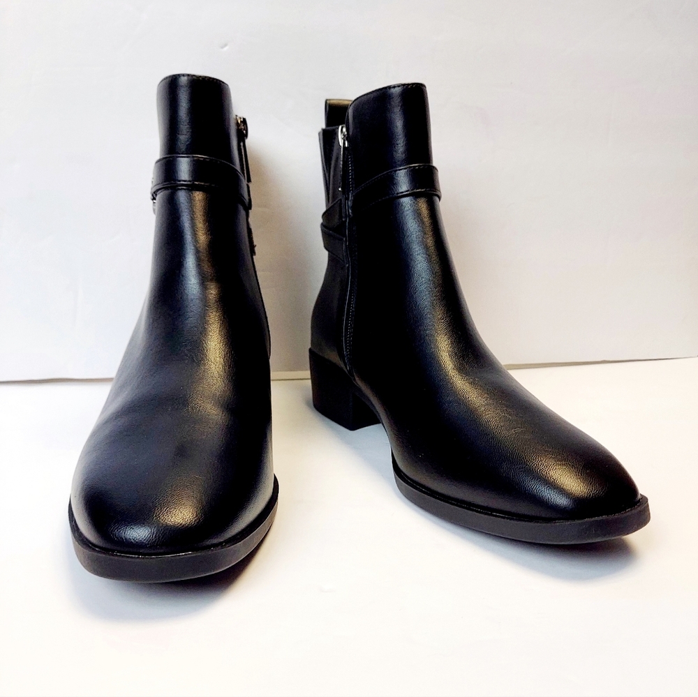 Anne Klein Womens Sz 9 Catriona Black Zip Ankle Bootie Block Low Heel Almond Toe - Picture 2 of 14